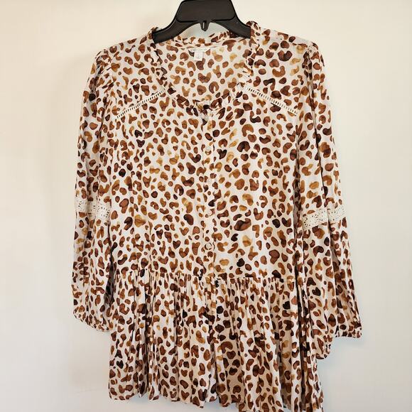 Cato Animal Print Top Tunic Lace Sleeve Ruffle Hem Button Front Lightweight LG - Picture 1 of 10